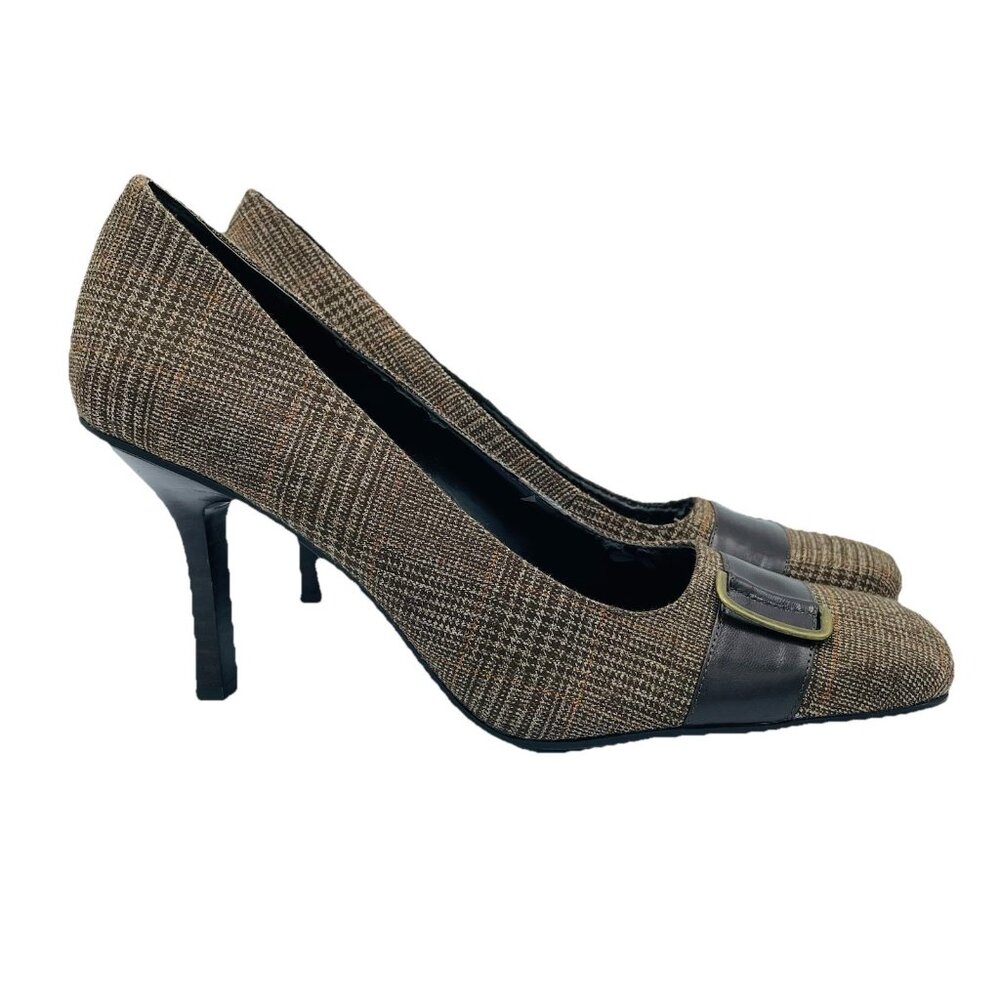 Bandolino Heels Womens Size 9.5 M Brown Flawless Slip On Pumps High Shoes Plaid